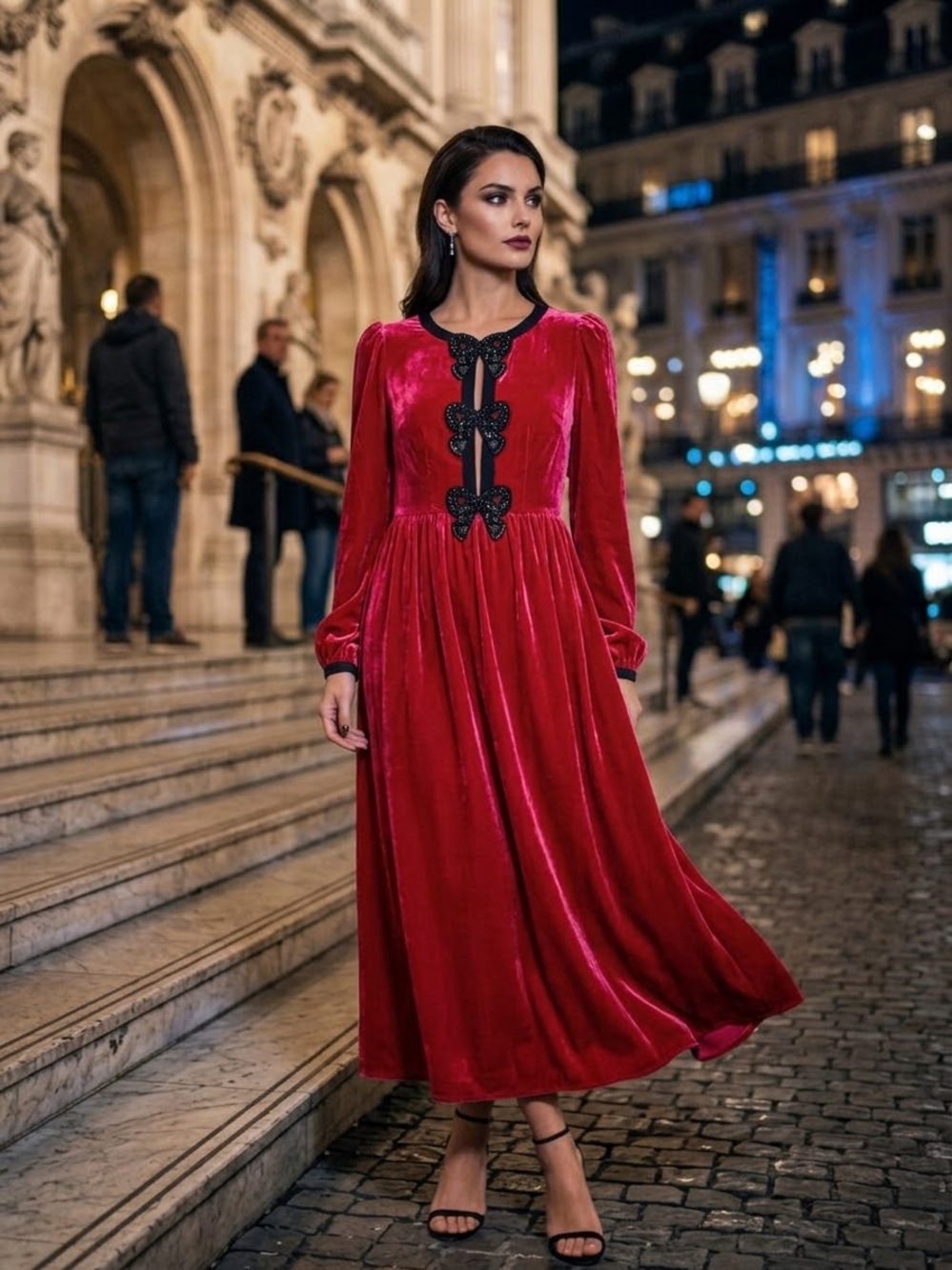 SALONI Camille Velvet Midi Dress Magenta Red Black Crystal Embellished Bows 4
